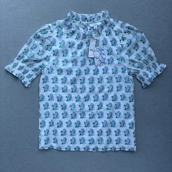 NWT SZ Blockprints X J. Crew smocked puff sleeve blouse in blue paisley size XXS - Picture 2 of 10